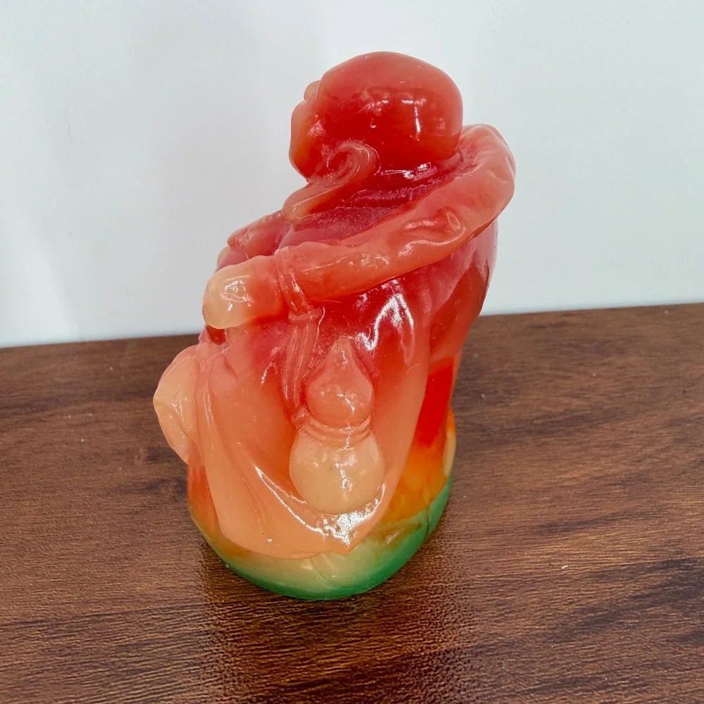 VTG 90s Fire Red & Green Translucent Resin Buddha Ogi Fan‎ & Wu Lou 3.75